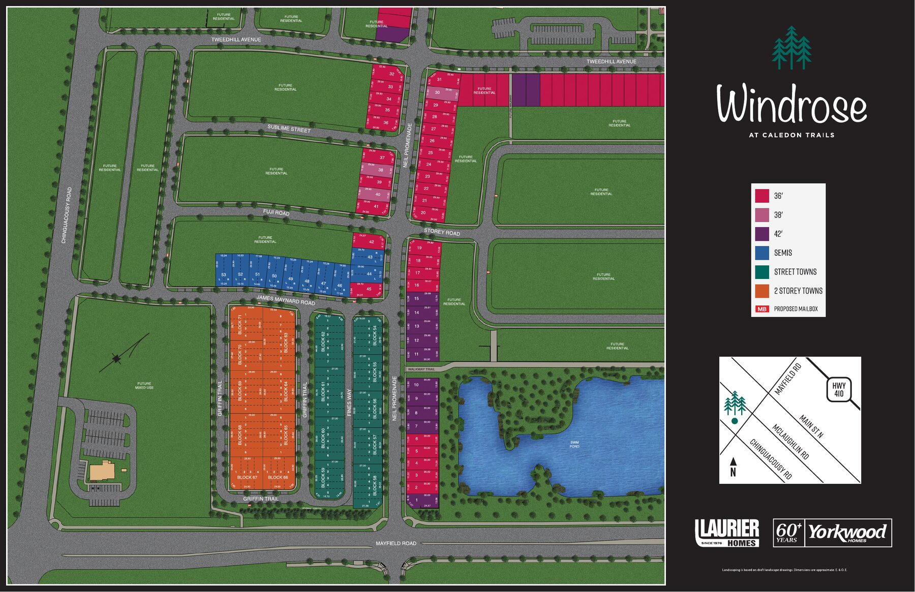 Windrose at Caledon Trails official site plan with lot type legend